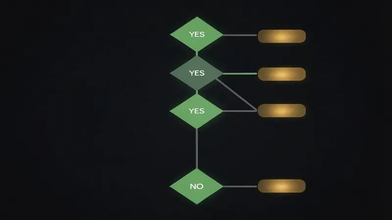 Vertical decision-tree flowchart for picking an AI coding agent in 2026, showing five yes/no branches leading to Claude Code, Cursor, Devin, GitHub Copilot, or skip