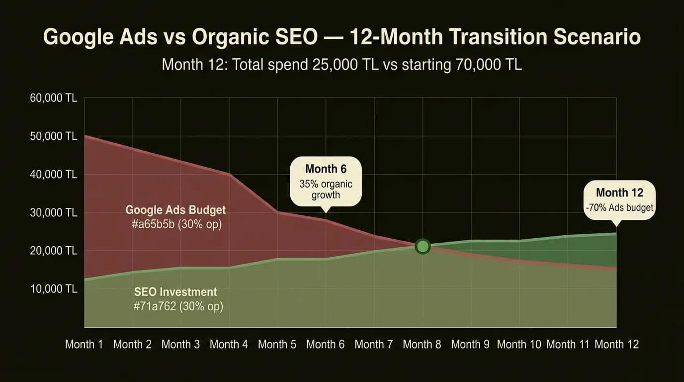 Google Ads budget vs organic SEO investment 12-month transition: reducing Ads spend by 70% scenario