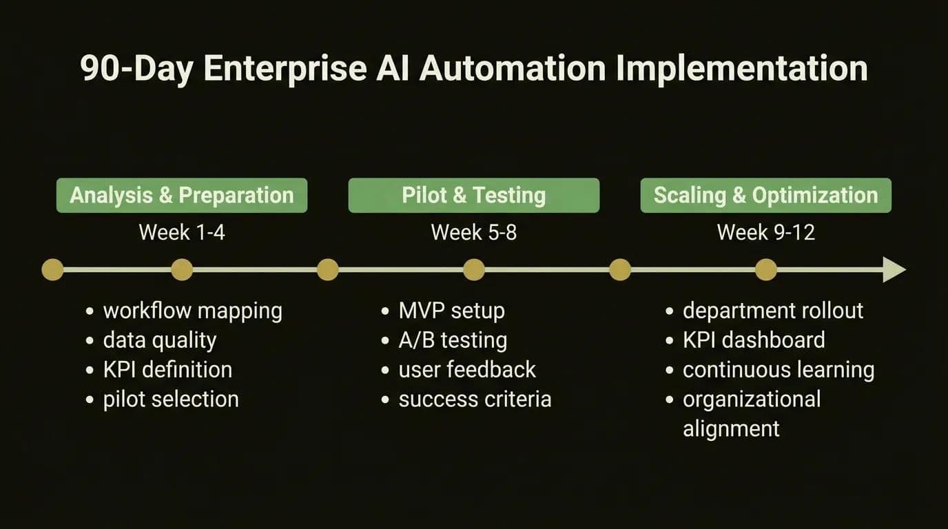 90-day enterprise AI workflow automation implementation roadmap: process analysis, pilot project, and scaling phases