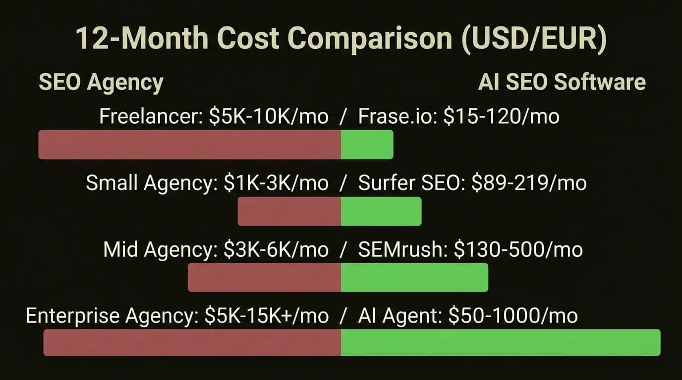 SEO agency vs AI SEO software 12-month cost comparison infographic
