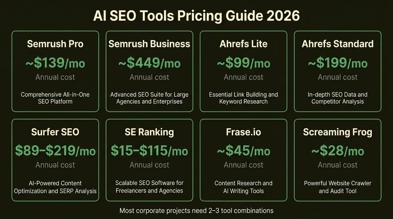 2026 AI SEO tools pricing guide: Semrush, Ahrefs, Surfer SEO, SE Ranking monthly prices compared