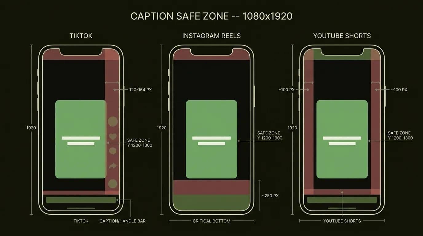 Caption safe zone for vertical video — TikTok, Reels and Shorts pixel specs on a 9:16 frame