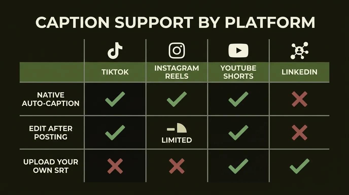 Adding captions on every platform — TikTok, Instagram Reels, YouTube Shorts and LinkedIn compared