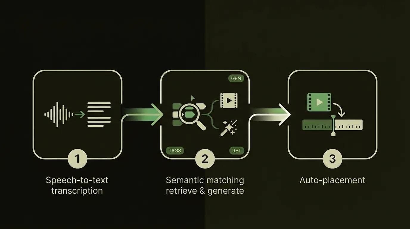 How AI b-roll works — the transcript to auto-stock or generative to auto-placement pipeline