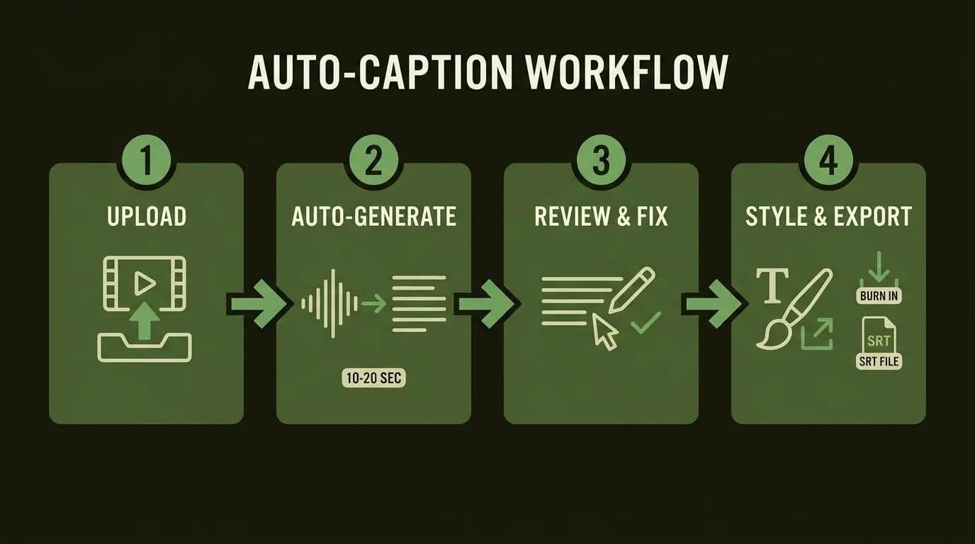 How to add captions to a video automatically — the four-step auto-caption workflow diagram