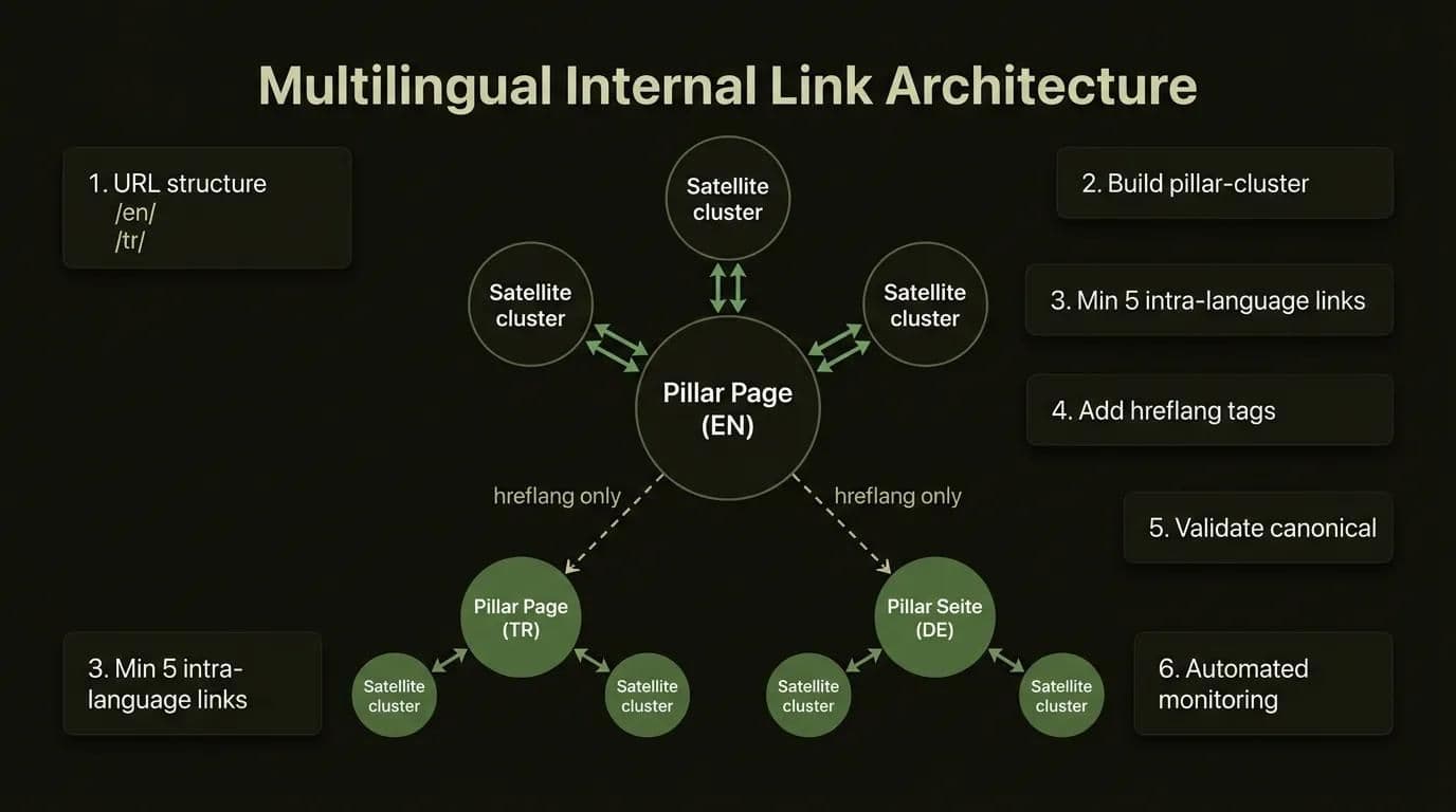 Multilingual site pillar-cluster internal link architecture diagram with 6 setup steps