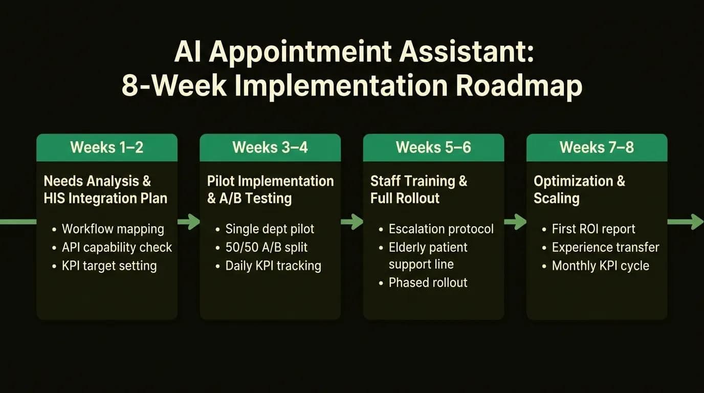 Hospital AI appointment assistant 8-week implementation roadmap timeline infographic