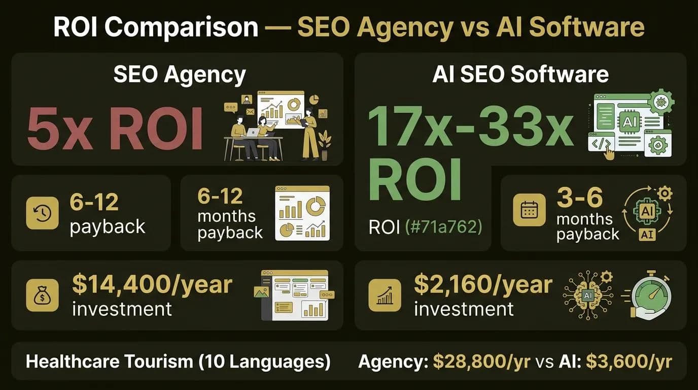 SEO investment ROI comparison: SEO agency 5x vs AI software 17-33x infographic