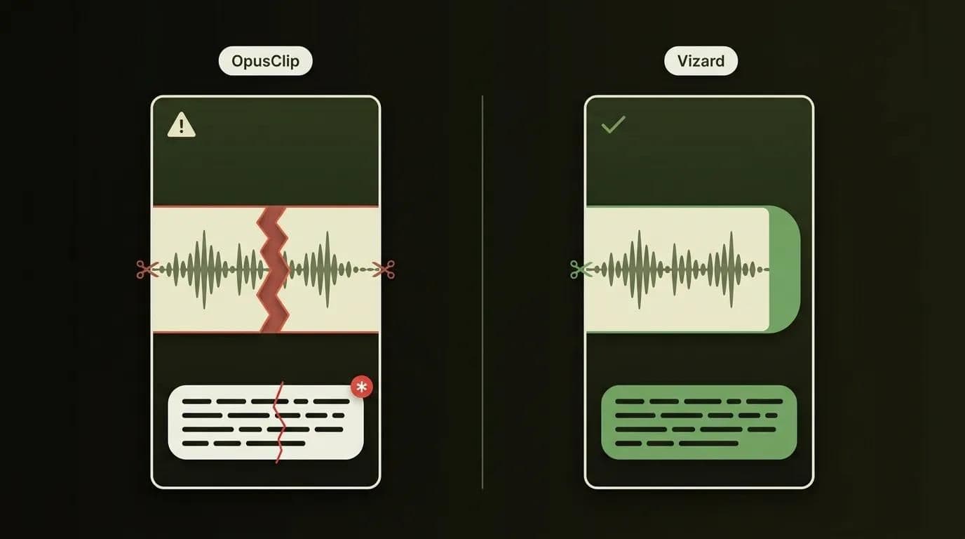 OpusClip vs Vizard clip quality test — mid-sentence cut versus clean cut and a caption error